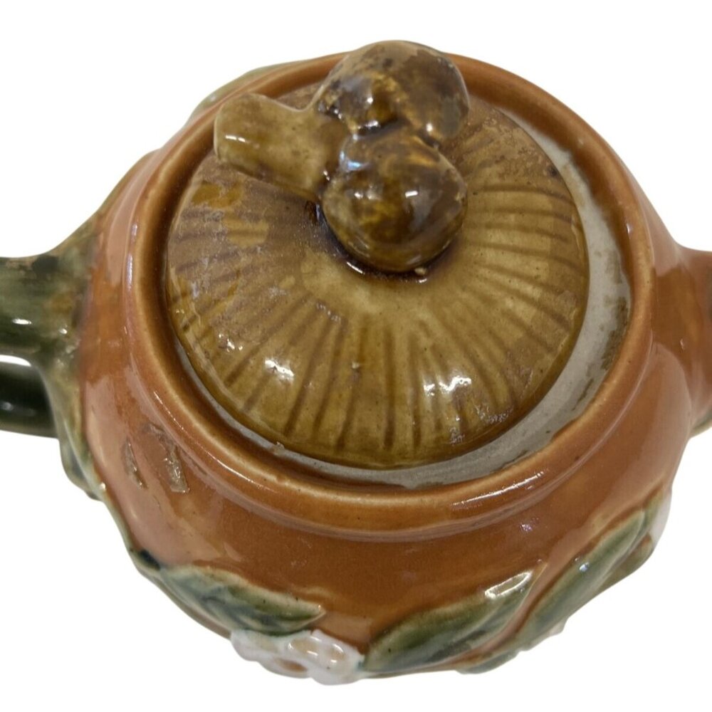 Teapot Mushroom Lid White Flowers Pottery Majolica Brown - Picture 4 of 11
